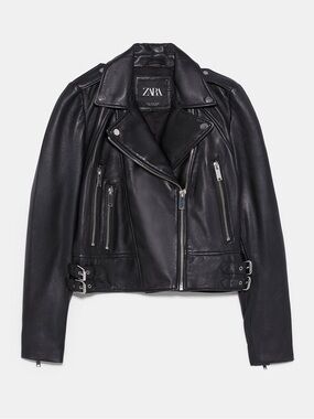 ZARA Black Leather Biker Jacket with Silver Hardware